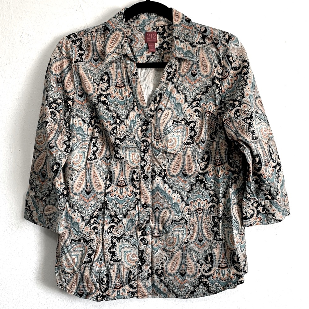 212 Collection Paisley Print Stretch Cotton Buttoned Top